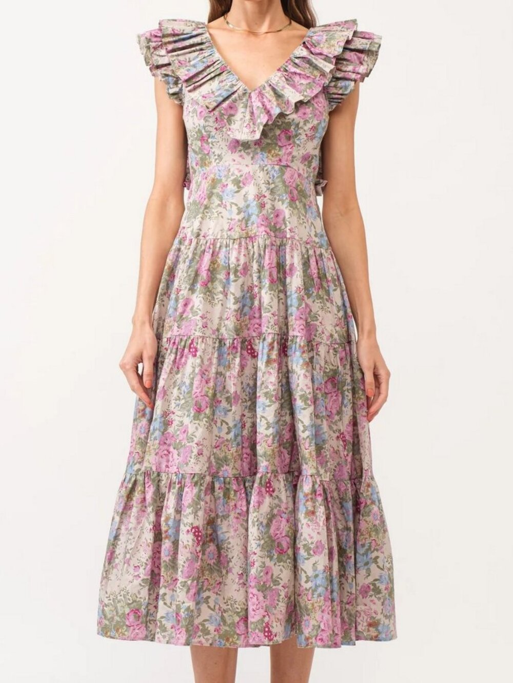 Sofie the Label Floral Ruffle Tie Back Tiered Midi Dress